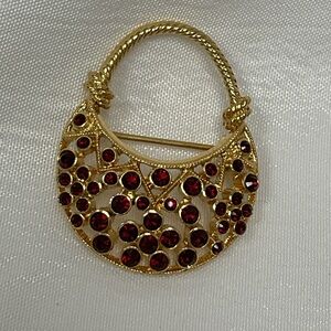 Vintage Gold-Tone Red Crystal Accent Purse-Shaped Brooch - Women Jewelry